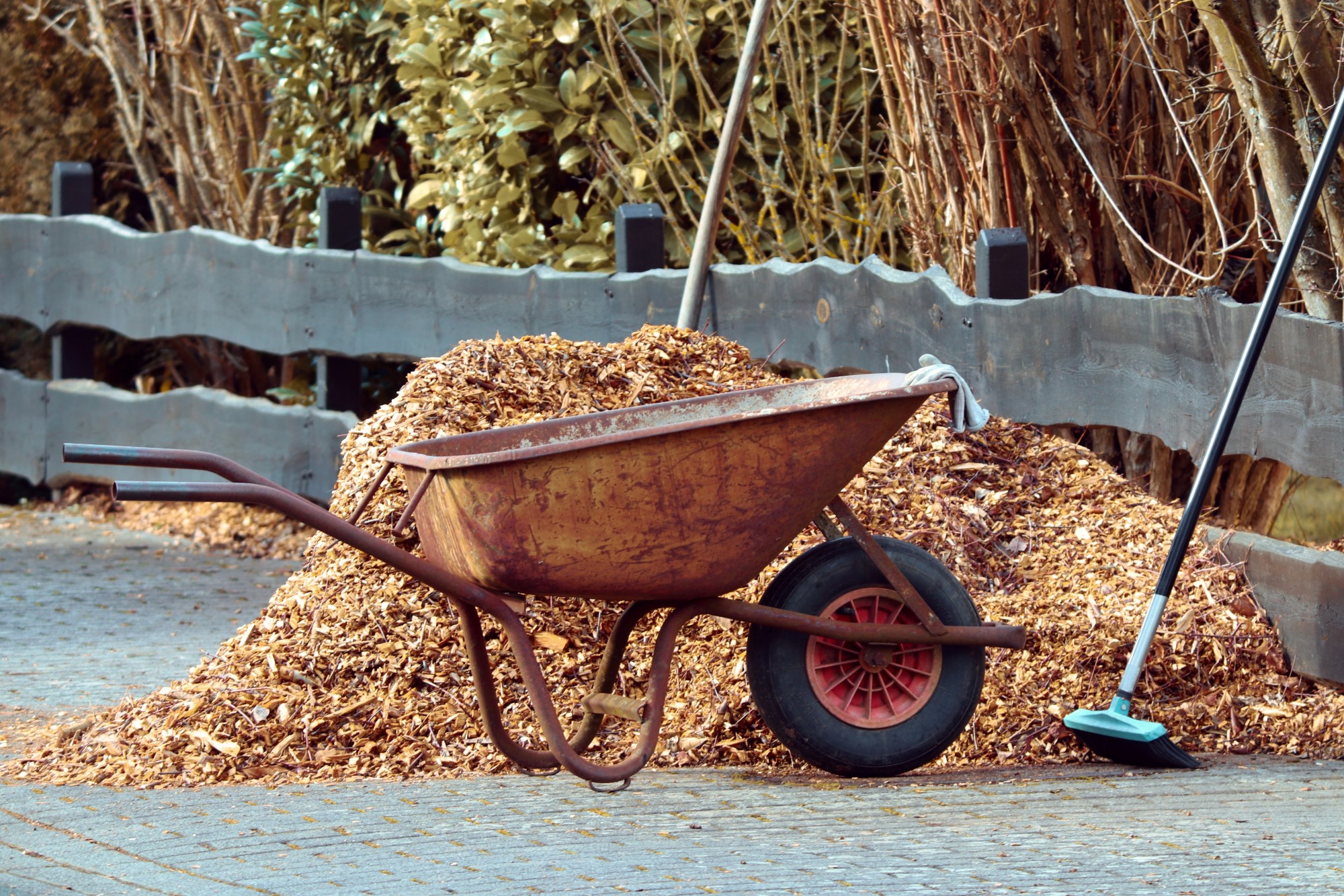 wheel barrow in front of mulch