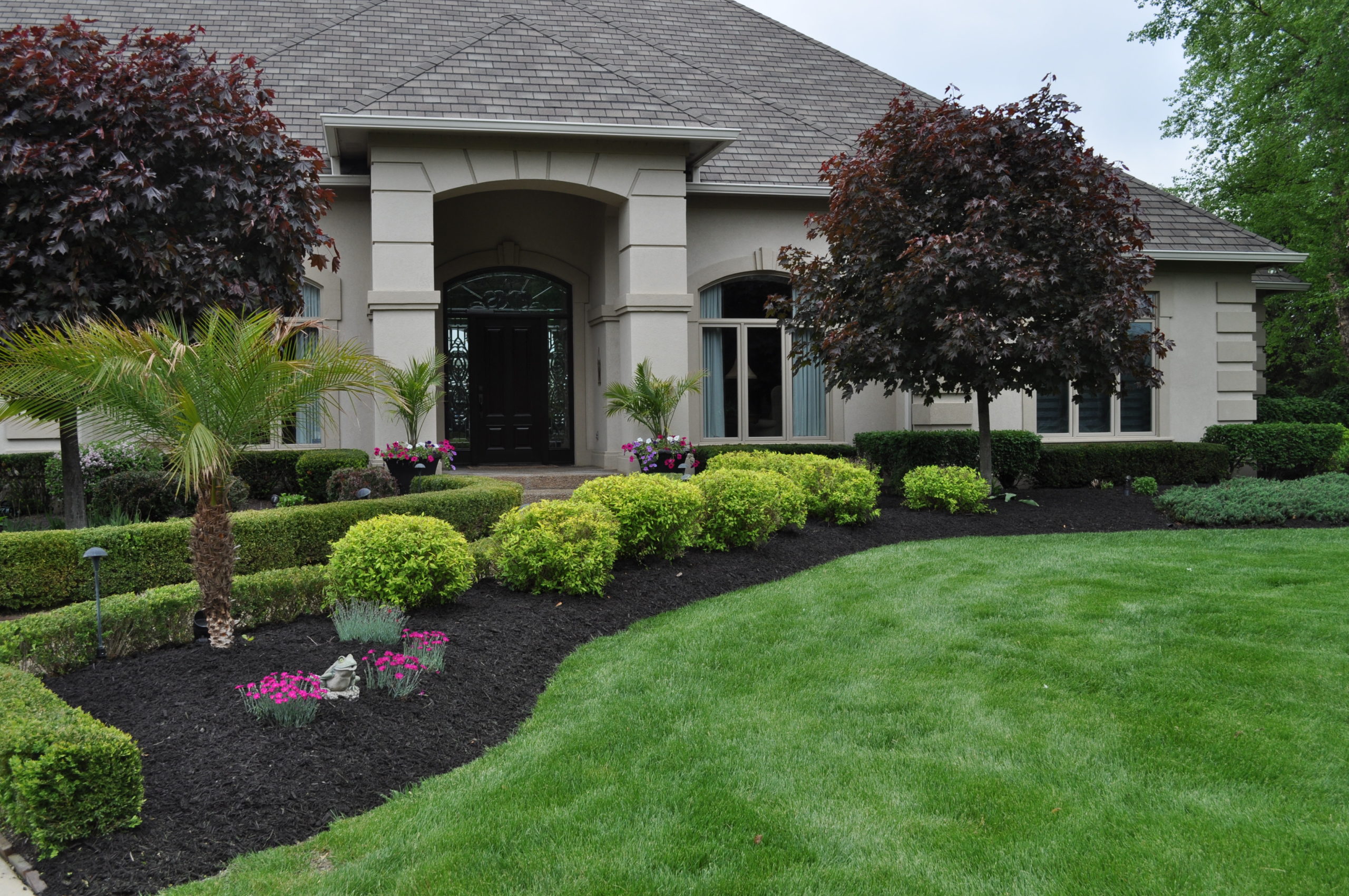 Dark mulch with plants in front of house