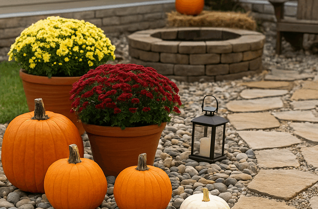 High-quality fall landscape featuring decorative river rock beds, pumpkins, and blooming mums surrounding a stone patio, showcasing McCarty Mulch & Stone’s low-maintenance rock and stone décor ideas for Central Indian