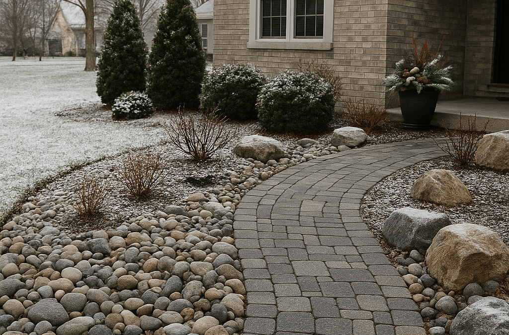 Decorative river rock and stone walkway providing winter curb appeal in a snowy Indiana landscape