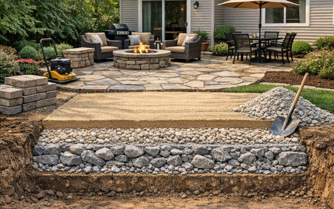 Patio construction cross-section showing soil, compacted crushed limestone base, drainage gravel, and leveling sand beneath a finished flagstone patio with outdoor seating.