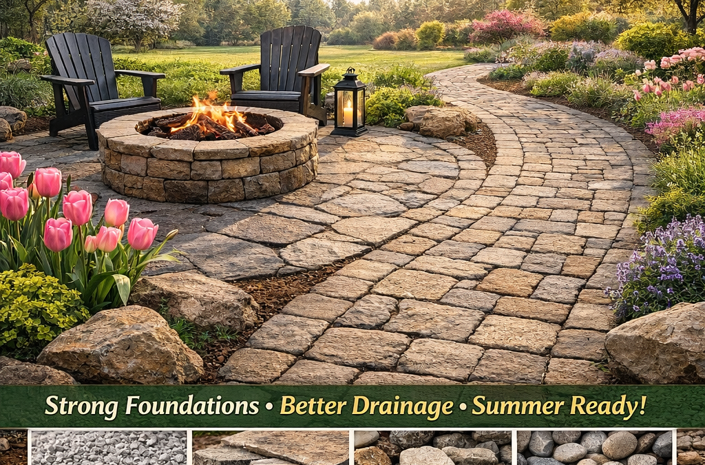 Spring patio and walkway installation in a landscaped Indiana backyard with curved paver path, circular fire pit patio, blooming flowers, and McCarty Mulch & Stone branding.