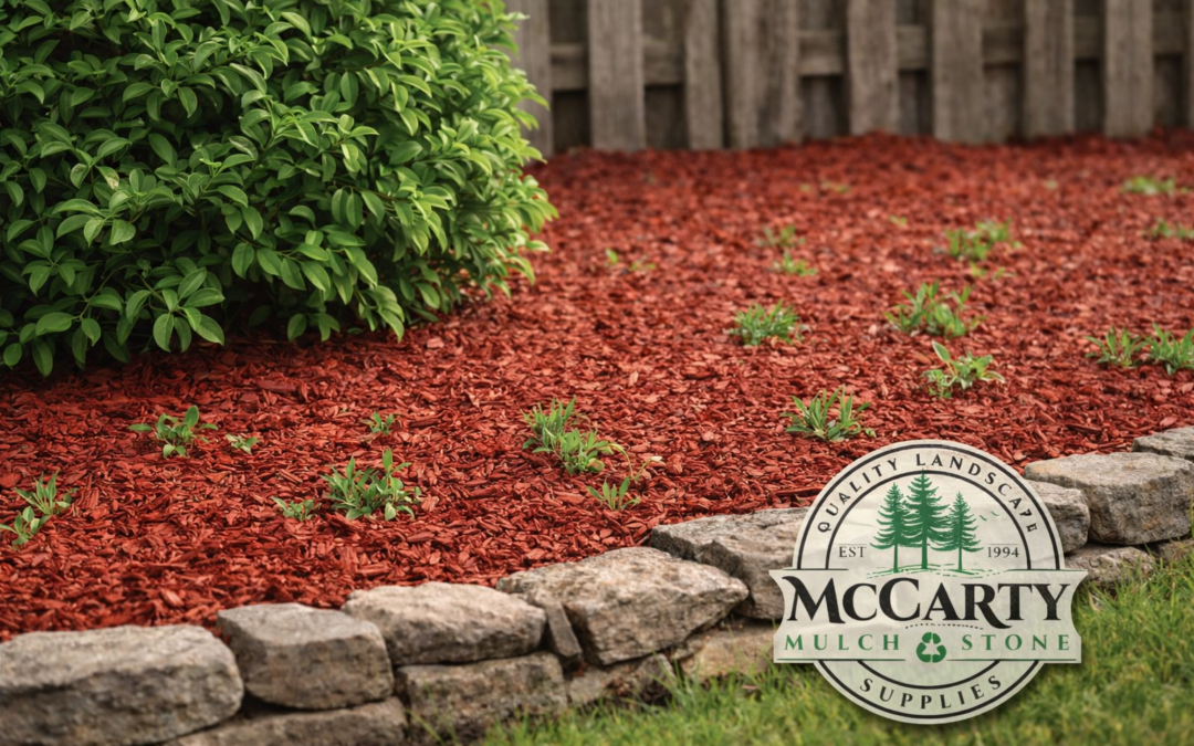 Realistic spring landscape photo of a freshly mulched garden bed with a stone border, green shrub, and a few small weed sprouts, featuring the McCarty Mulch & Stone logo in the corner.