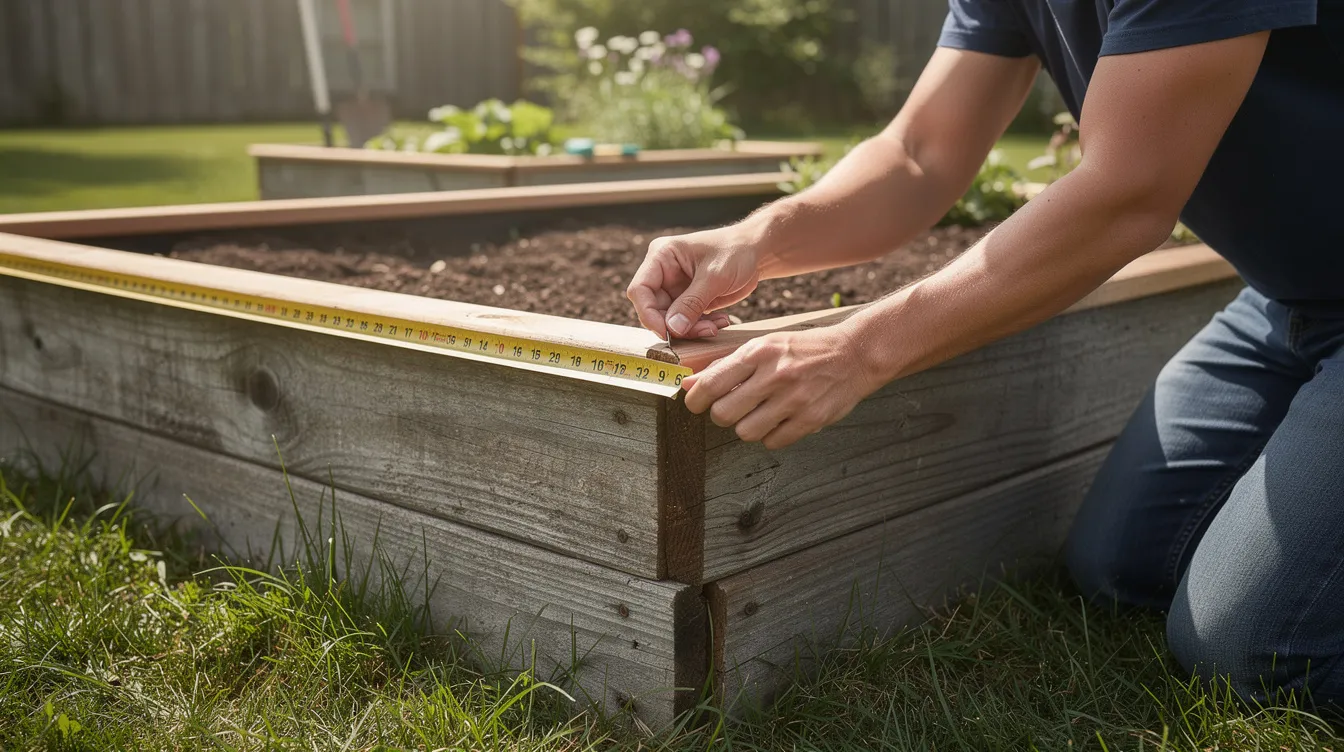 A person is measuring the dimensions of a wooden raised garden bed in their backyard using a tape measure, preparing for a landscaping project that may include filling it with quality soil and organic matter for healthy vegetable gardens. The scene captures the careful planning involved in creating beautiful garden beds that will thrive with the right materials.
