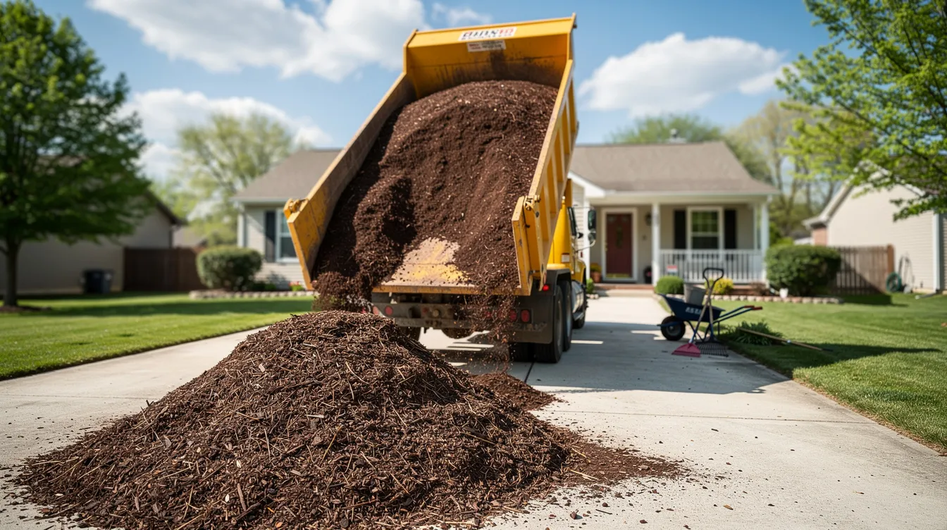 A dump truck is parked on a sunny residential driveway, unloading a fresh load of dark mulch, perfect for landscaping projects. This bulk mulch delivery showcases the materials needed for enhancing home gardens and plants.