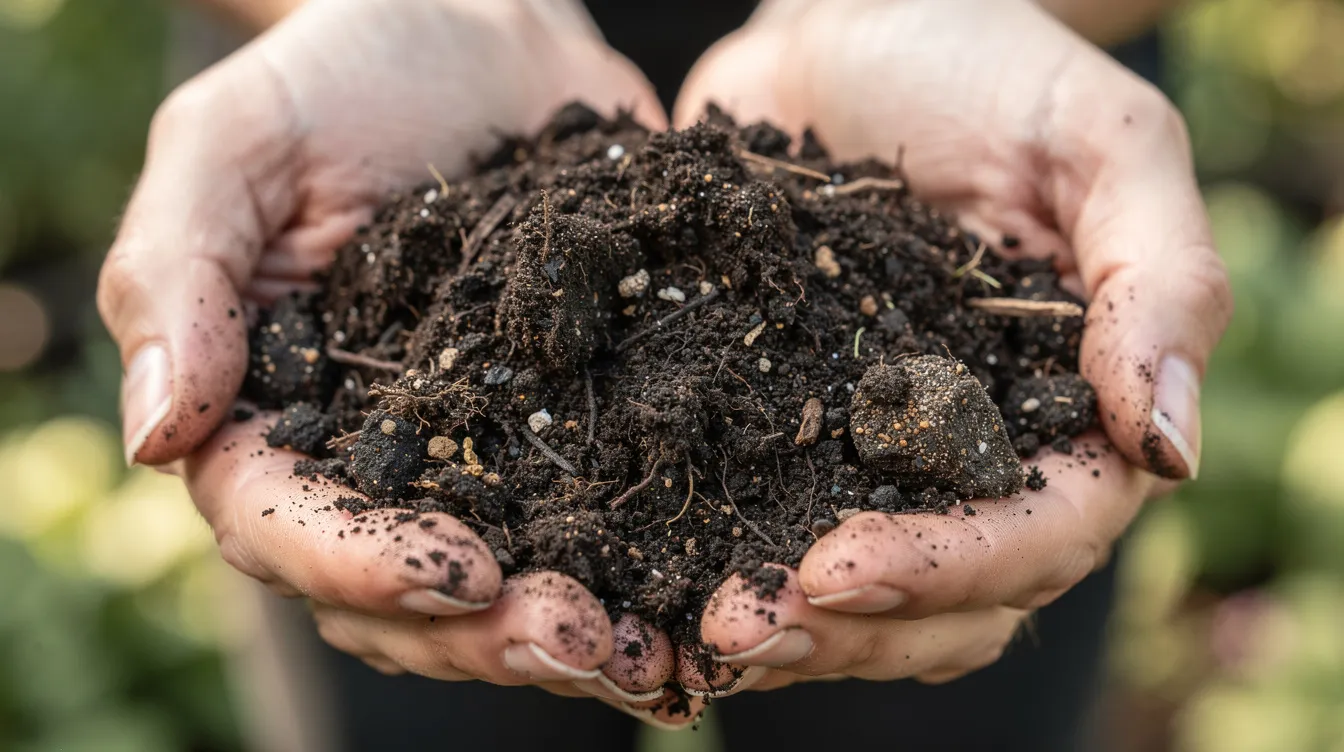 A close-up view shows rich, dark, crumbly topsoil being held in two cupped hands outdoors, highlighting its quality and organic matter, ideal for enhancing garden beds and landscaping projects. This healthy soil is perfect for creating new lawns and thriving vegetable gardens.