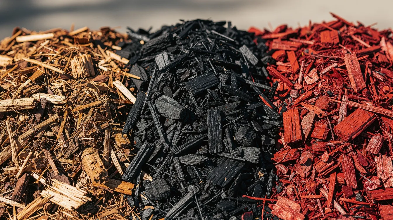 The image shows a close-up view of three distinct piles of mulch arranged side by side, featuring natural brown, black dyed, and red dyed textures, ideal for various landscaping projects. This visual highlights the different materials available for enhancing soil and plant aesthetics in gardens or yards.