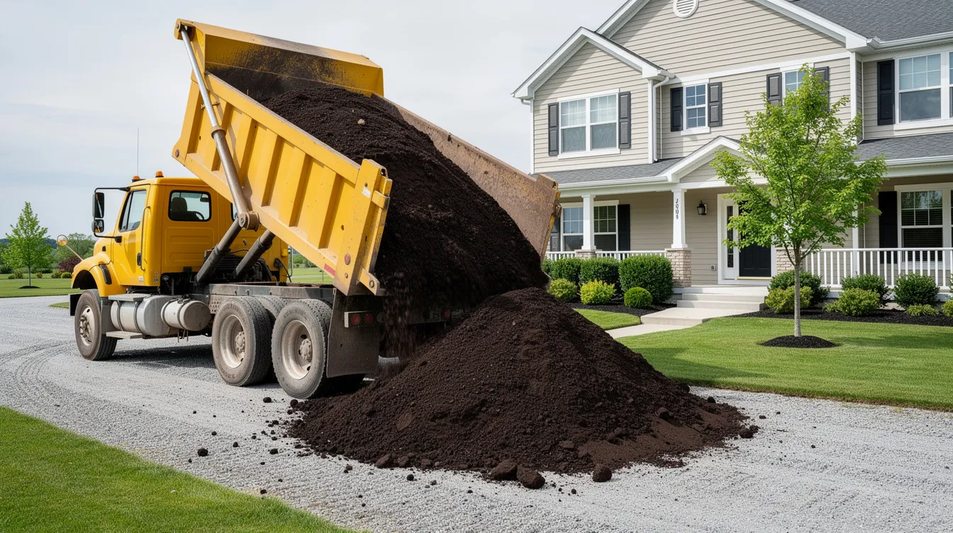 A dump truck is unloading a large pile of dark bulk topsoil onto a gravel driveway next to a suburban home, providing quality soil for landscaping projects, such as creating healthy lawn and garden beds. This delivery of topsoil will help improve moisture retention and nutrient content for thriving plants and vegetable gardens.