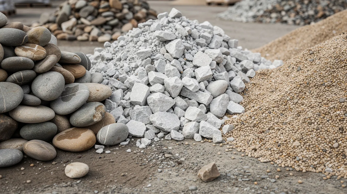 The image features a close-up view of various landscape rocks, including smooth river rocks, angular crushed limestone, and small rounded pea gravel, all neatly arranged in separate piles on a gravel yard, showcasing different textures and sizes ideal for landscaping projects. This assortment of decorative stones provides options for customers looking to enhance their outdoor areas.