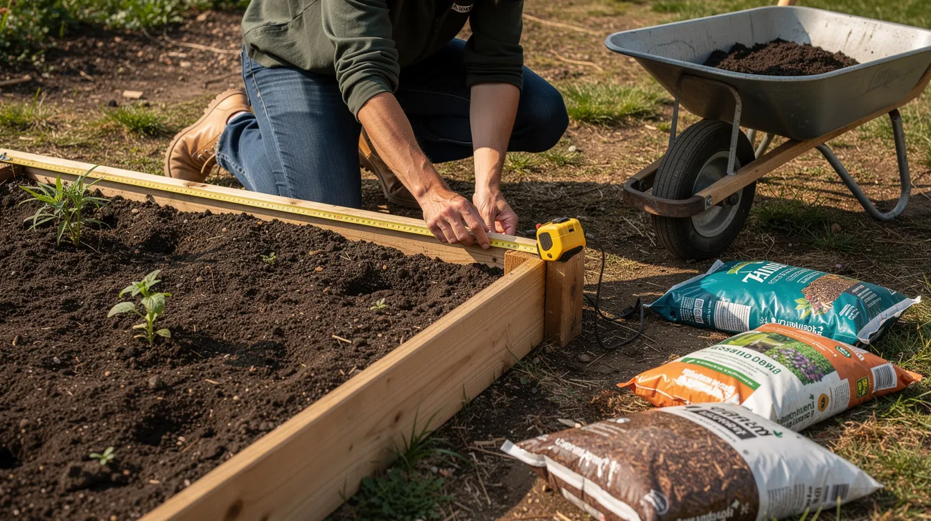 A person is kneeling next to a garden bed, carefully measuring its edge with a tape measure, while bags of mulch and a wheelbarrow are positioned nearby, indicating preparations for a landscaping project. This scene highlights the importance of measuring and selecting the right materials for successful gardening and landscaping endeavors.