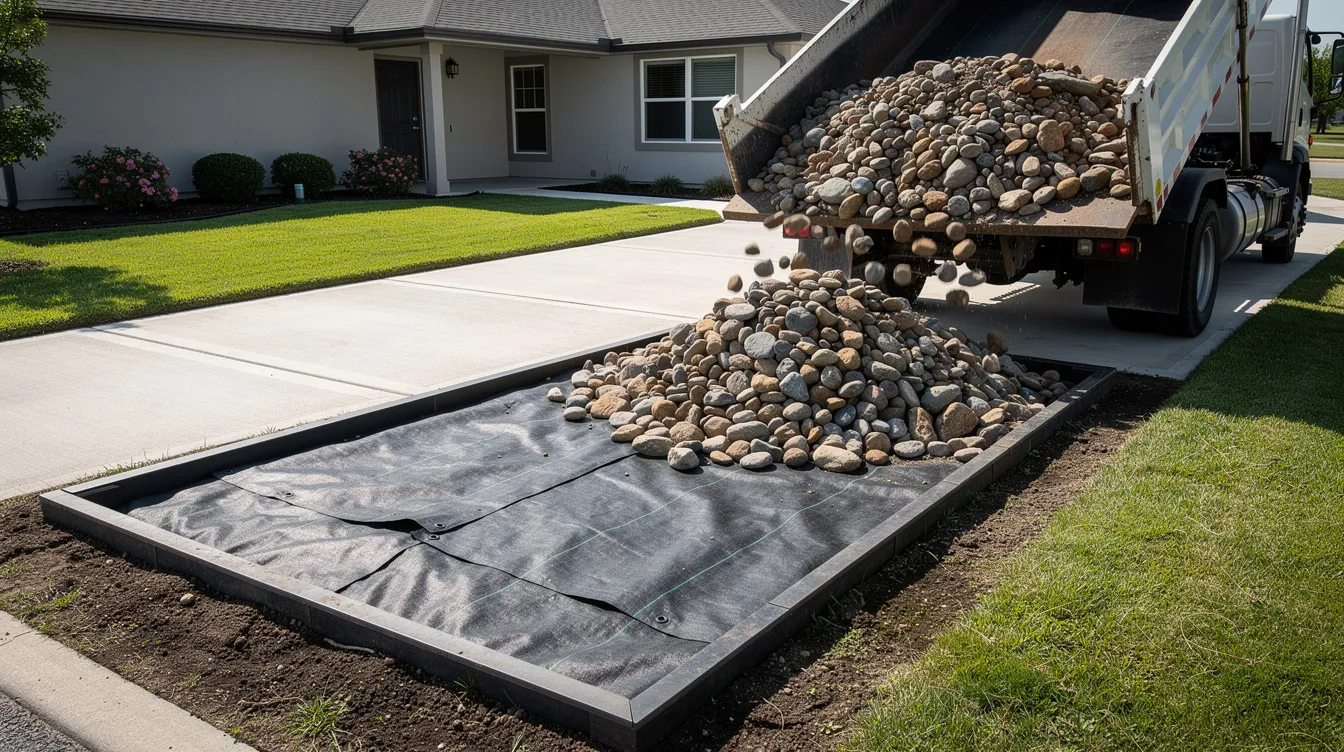 A delivery truck is backing into a suburban driveway to unload a load of river rock, which will be used as decorative stones in a landscaping project. The prepared area features edging and fabric, ready for the installation of landscape rocks and gravel.