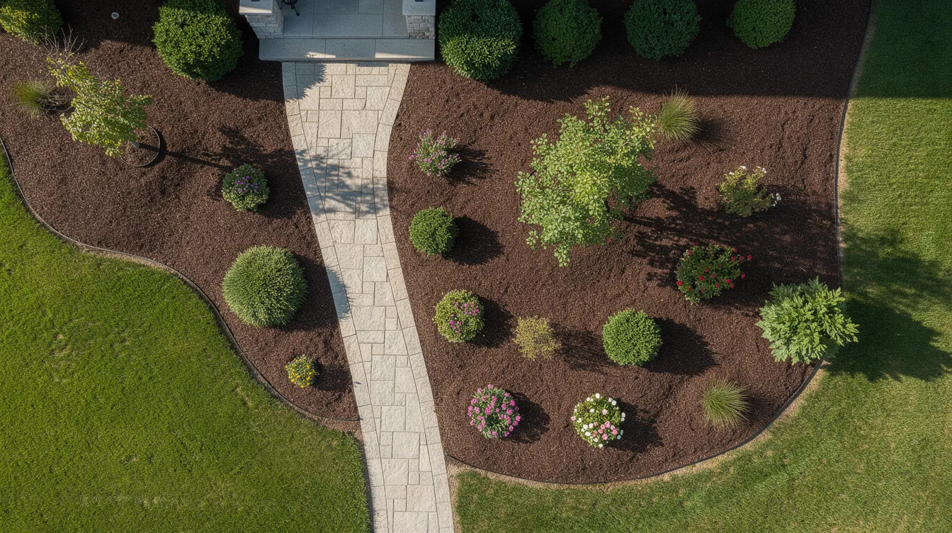 An aerial view showcases a freshly mulched residential landscape featuring dark mulch neatly arranged around various shrubs and trees, complemented by a stone walkway. This vibrant scene highlights the beauty of landscaping projects, making it an ideal setting for those looking to buy bulk mulch for their home gardens.