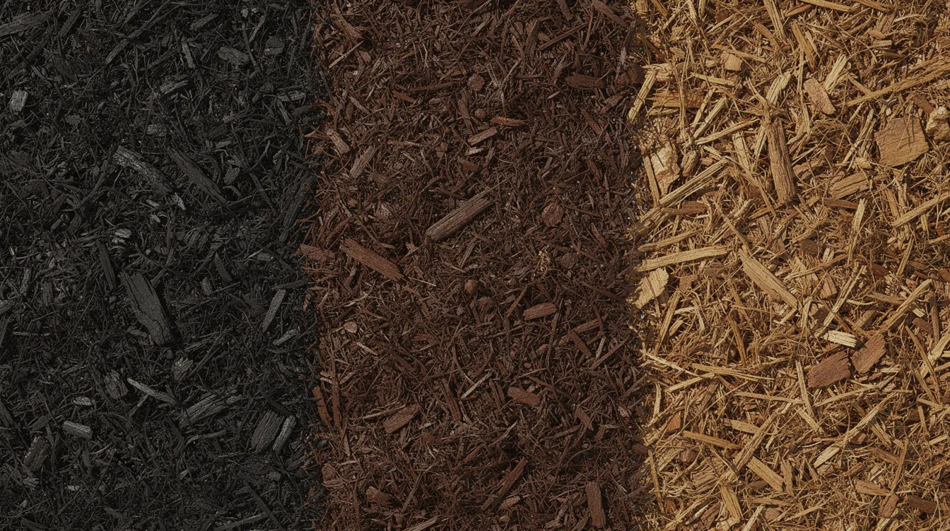 The image features a close-up view of three different types of mulch—black dyed, brown dyed, and natural hardwood—arranged side by side, showcasing their unique textures and colors. This striking contrast highlights the variety available for landscaping projects, enhancing the aesthetic appeal of gardens and yards while providing essential nutrients to the soil.