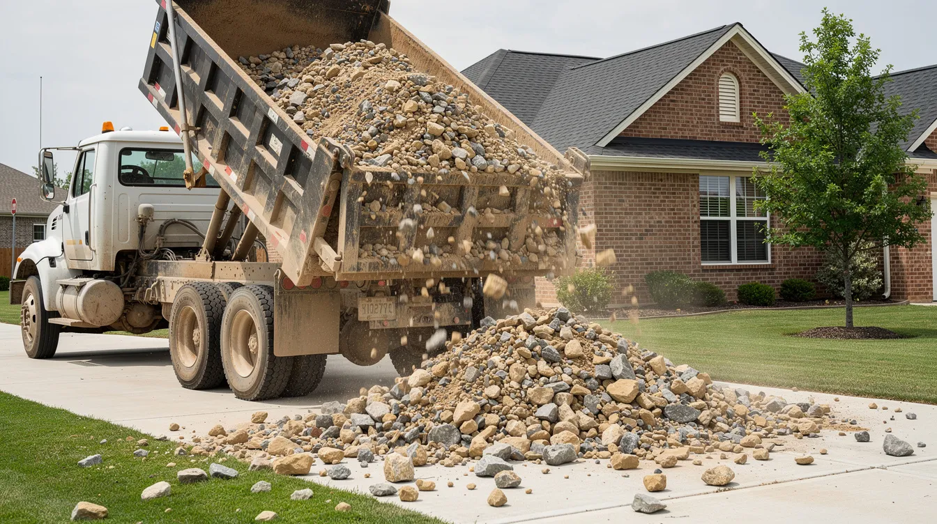 A dump truck is unloading a mix of tan and gray river rock onto a suburban driveway, with a brick house visible in the background. The rounded stones will serve as decorative ground cover for landscaping needs, ideal for enhancing garden beds and erosion control.