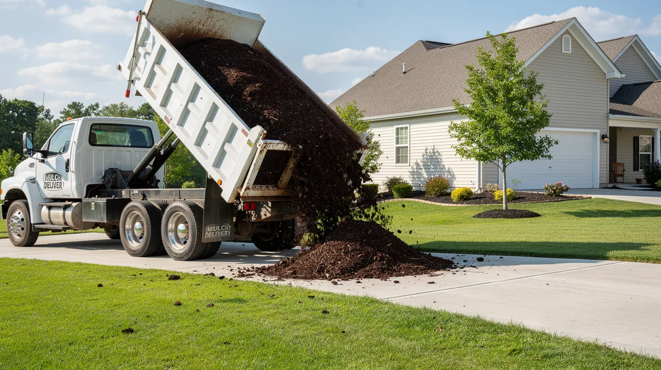 A bulk mulch delivery truck is unloading a load of dark brown mulch onto a suburban driveway, with a vibrant green lawn in the background. This mulch will provide essential nutrients to the soil, helping to enhance the landscaping project while preventing weeds and retaining moisture for the plants.