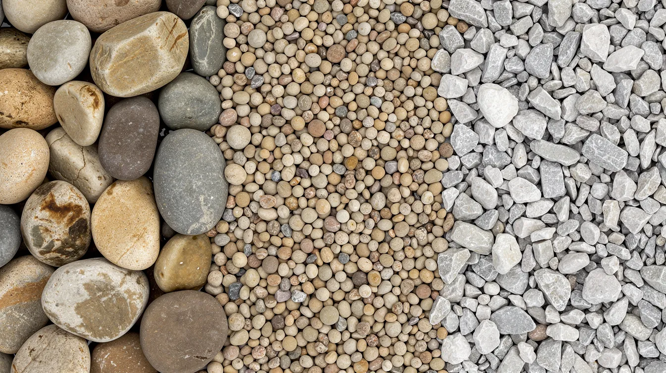A close-up view showcases various types of bulk landscape stone, including smooth river rock, small pea gravel, and textured crushed limestone, all arranged side by side. This vibrant selection of landscape materials is ideal for enhancing outdoor spaces, such as garden beds, patios, and pathways, while preventing erosion and improving drainage.