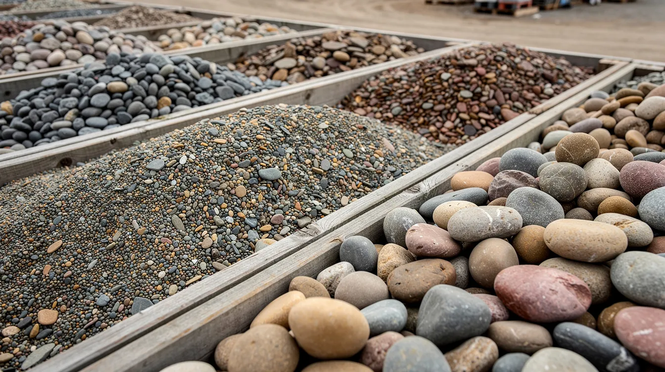 The image shows a close-up view of several bins filled with various sizes and colors of smooth, rounded river rock at a landscape supply yard, perfect for decorative ground cover in garden beds and for erosion control. This selection includes both smaller and large river rock types, ideal for outdoor projects like dry creek beds and retaining walls, showcasing the beauty and natural blend of these stones.