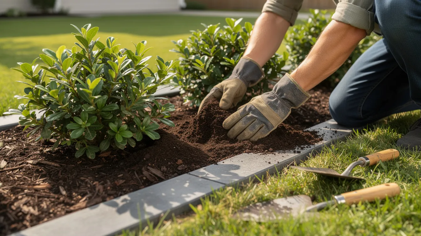 A person in gardening gloves is evenly spreading dark mulch around vibrant green shrubs in a well-edged flower bed, enhancing the landscaping project with a striking contrast against the soil. This layer of mulch helps retain moisture, suppress weeds, and provide essential nutrients to the plants.