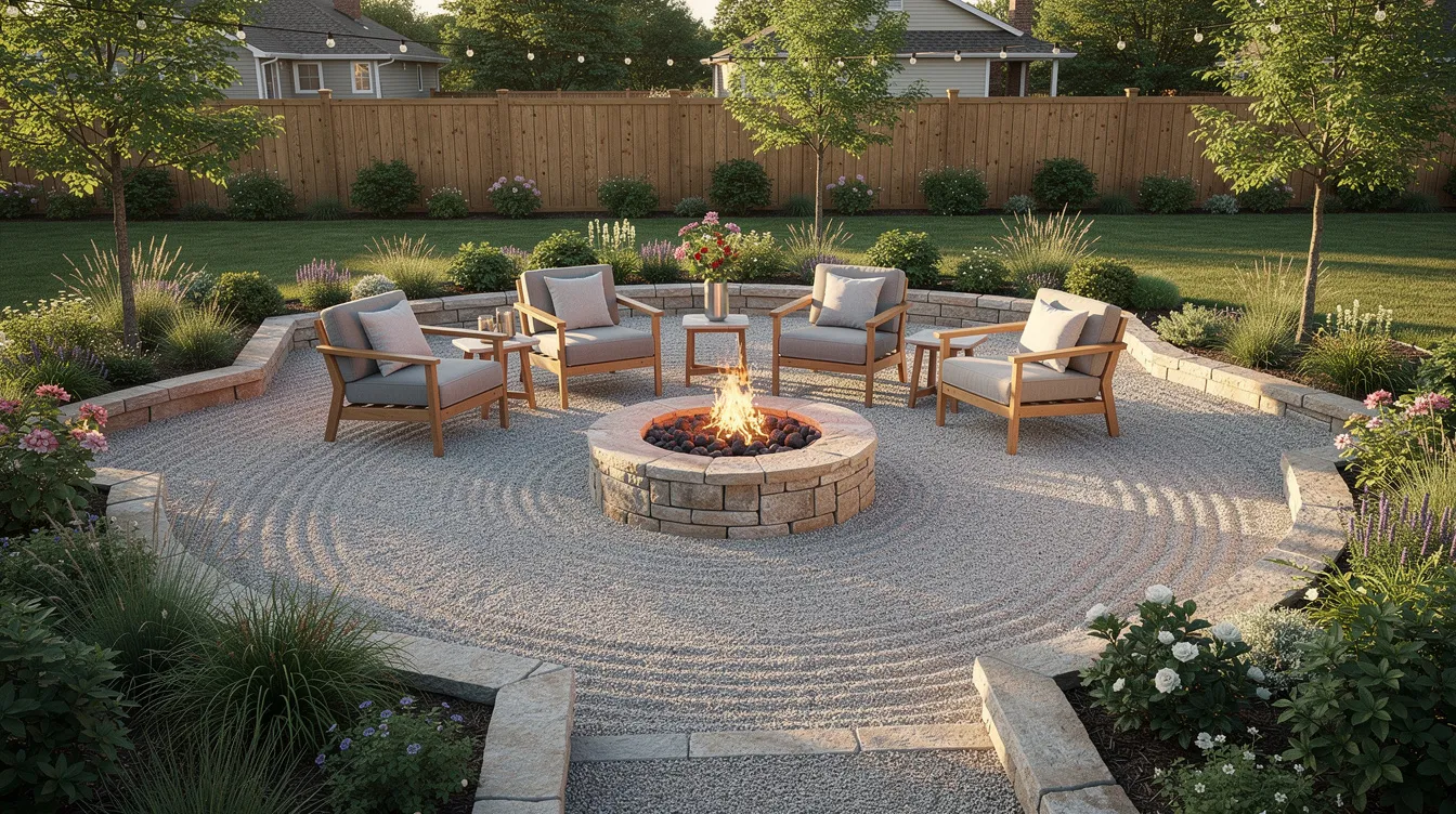 The image depicts a beautifully finished backyard featuring a gravel patio area, bordered by stone planting beds filled with vibrant colors. In the center, a stone fire pit is surrounded by comfortable seating, creating an inviting outdoor space perfect for gatherings and relaxation.