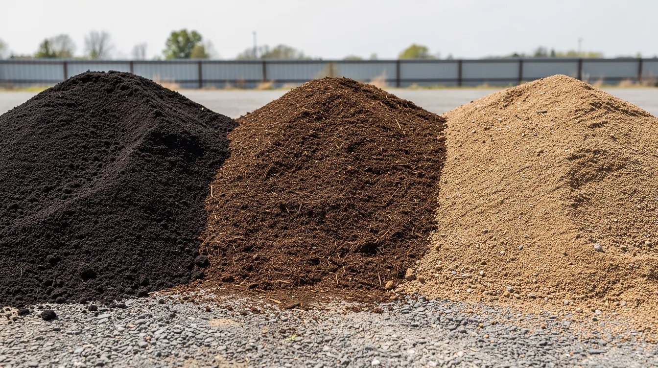 The image shows three distinct piles of soil materials on a gravel yard: one pile of dark screened topsoil, another of rich brown compost, and a lighter sandy blend. These various soil types are ideal for enhancing garden beds, such as vegetable gardens and flower beds, providing essential nutrients and organic matter for healthy plant growth.