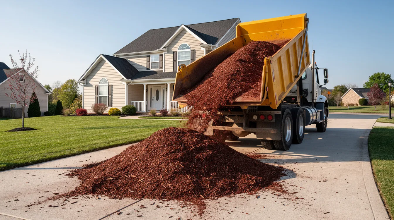 A dump truck is delivering a bulk load of cedar mulch onto a residential driveway, with a suburban house visible in the background. The mulch, known for its moisture retention and weed suppression properties, will enhance the garden and landscape of the yard.