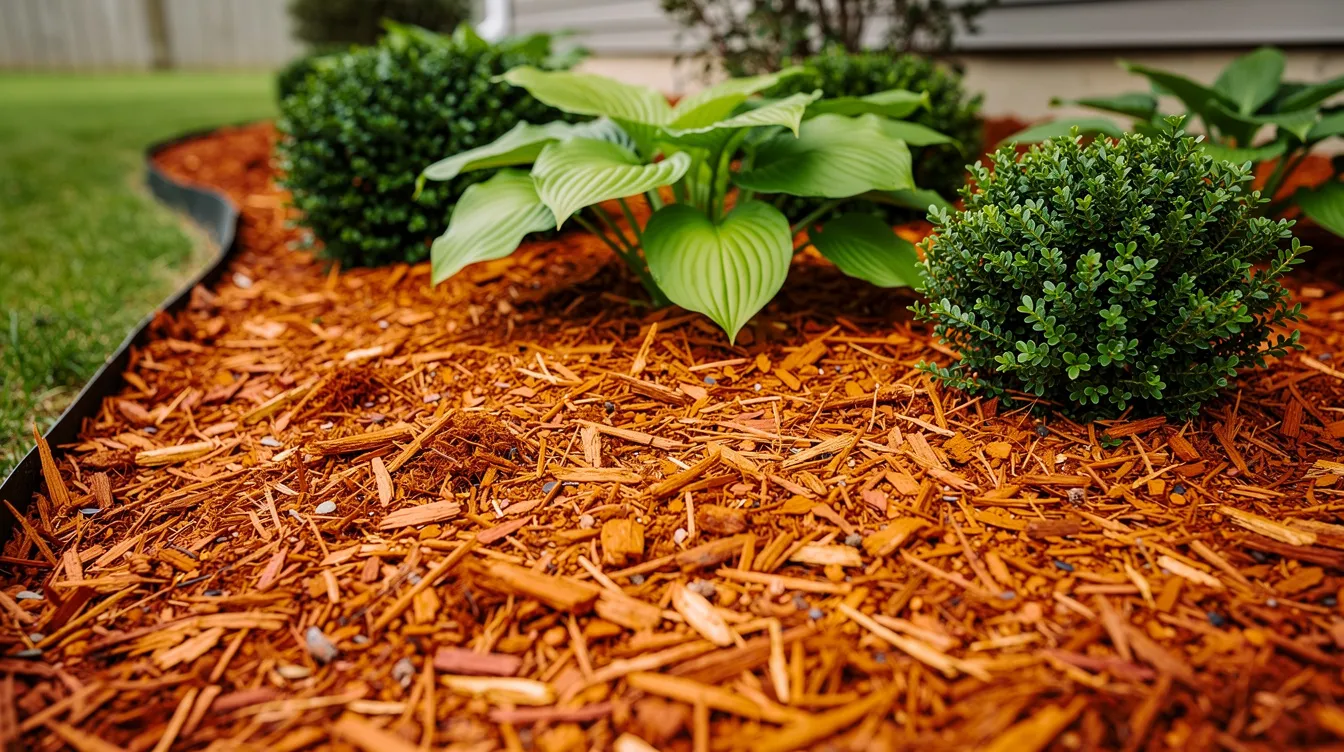 A close-up view showcases golden-red cedar mulch evenly spread around vibrant green hostas and neatly trimmed boxwood shrubs in a residential garden bed, enhancing the landscape while providing moisture retention and weed suppression for the plants. The rich aroma of cedar adds an inviting touch to the yard, making it a quality choice for any spring garden project.