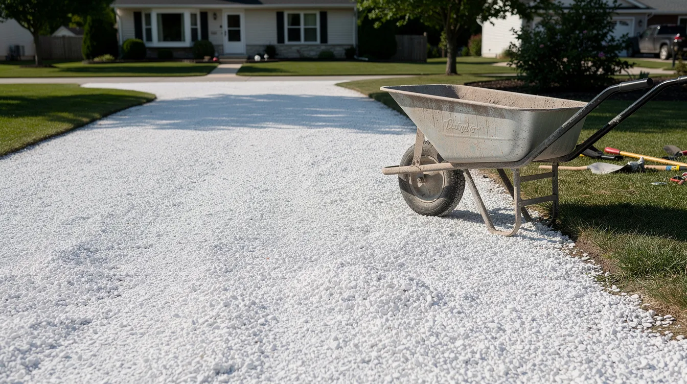 The image shows a freshly topped residential gravel driveway made of crushed limestone, with a wheelbarrow positioned nearby, suggesting ongoing landscaping projects. This practical setup highlights the use of bulk landscape materials for homeowners and contractors looking to enhance their driveways.