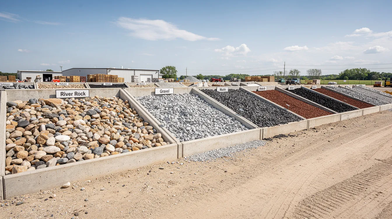 A wide shot of a landscape supply yard showcases organized bins filled with decorative river rock, gravel, and mulch under an open sky, offering homeowners and contractors a huge selection of premium materials for their projects. The yard is designed to enhance garden beds and patios, providing a variety of colors and textures at reasonable prices.