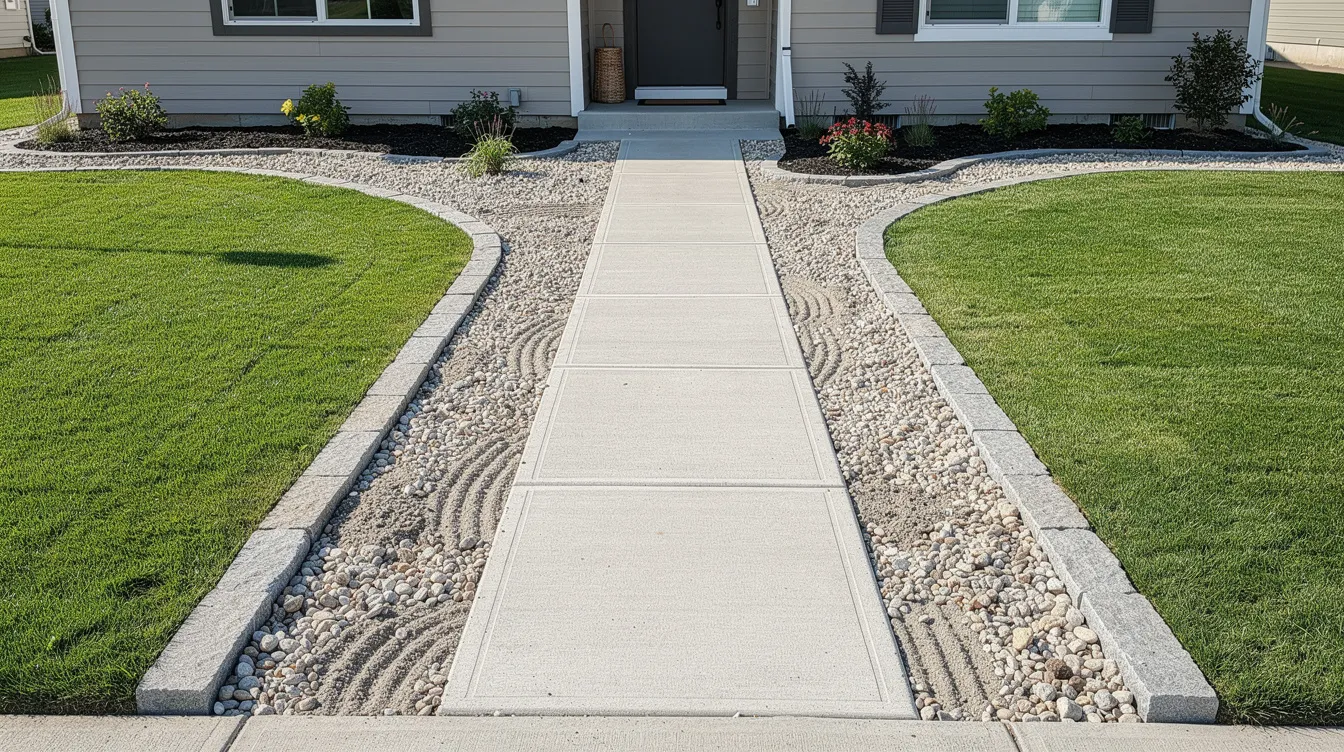 The image depicts a well-maintained residential front yard featuring freshly installed decorative rock beds and stone edging that outlines a walkway, complemented by a lush green lawn. This landscape design enhances the home's curb appeal, showcasing a beautiful selection of landscape materials.