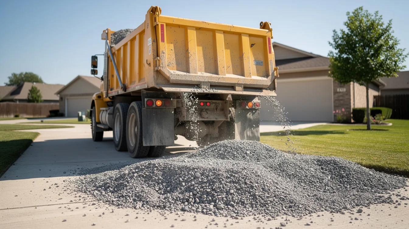 A dump truck is backing up to deliver a load of crushed gravel onto a residential driveway, with the sun shining brightly overhead. This gravel delivery is ideal for homeowners and contractors working on landscaping projects, providing essential bulk landscape materials for grading and drainage needs.