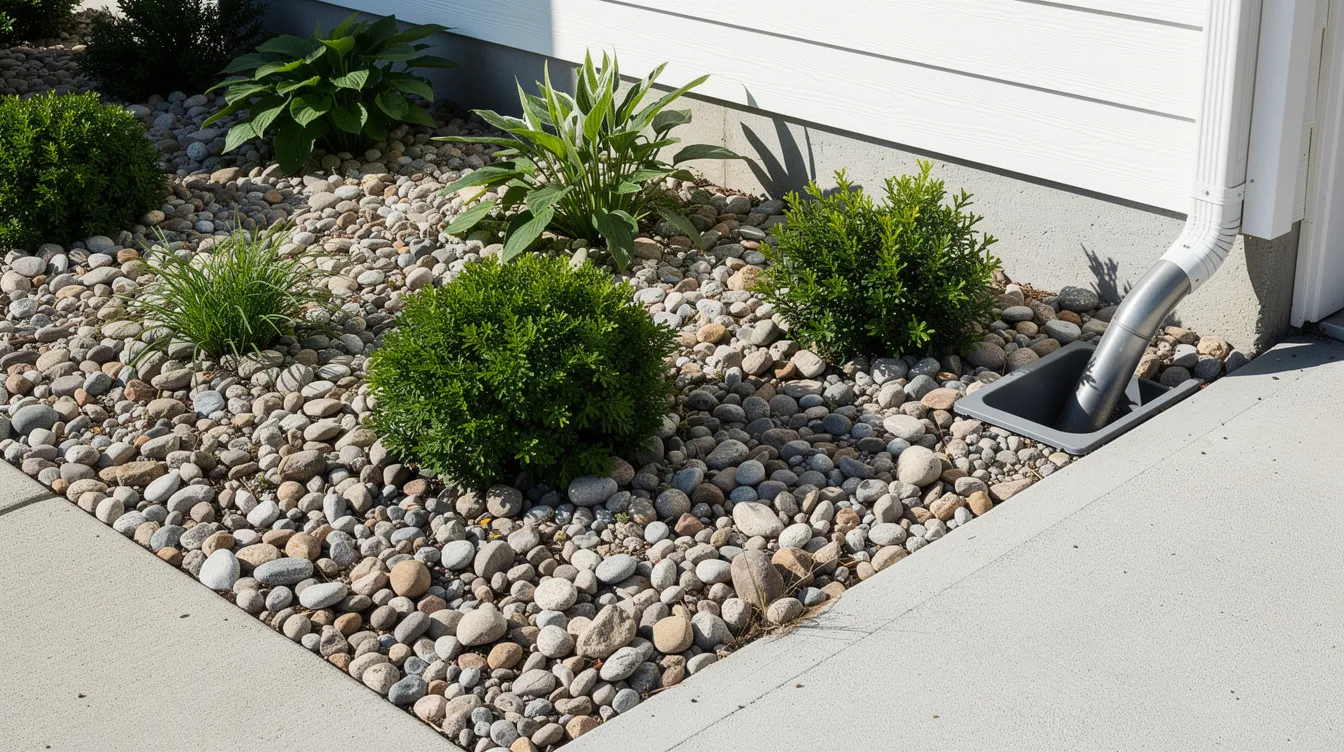 The image shows a beautifully landscaped front yard bed filled with smooth river rock, surrounding vibrant green plants and a downspout, creating an ideal setting for homeowners looking to enhance their landscaping projects. This arrangement showcases practical bulk landscape materials that can help with drainage and erosion control.