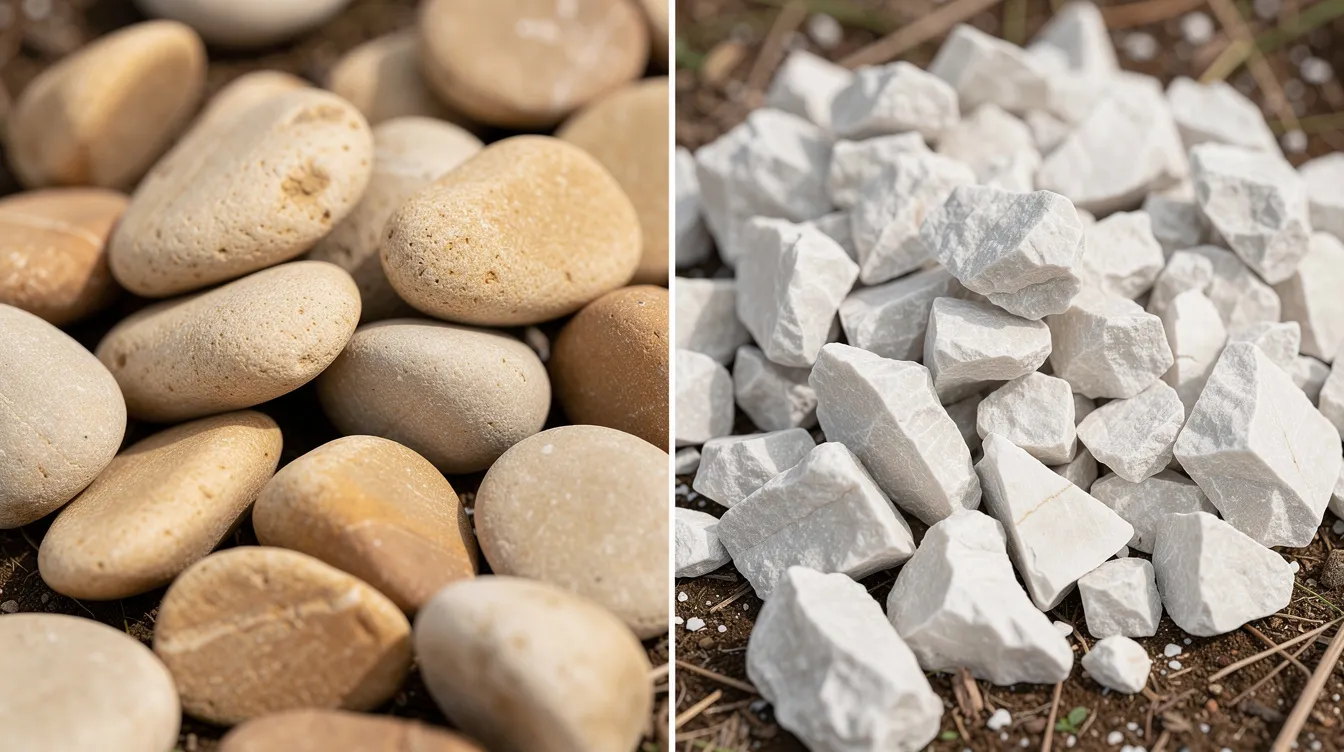 The image features a close-up side-by-side comparison of smooth tan river rock and angular white limestone chips, both displayed on a natural surface, showcasing the variety of landscape materials available for garden beds and patios. This visual highlights the distinct textures and colors that can enhance outdoor projects, appealing to homeowners and contractors alike.