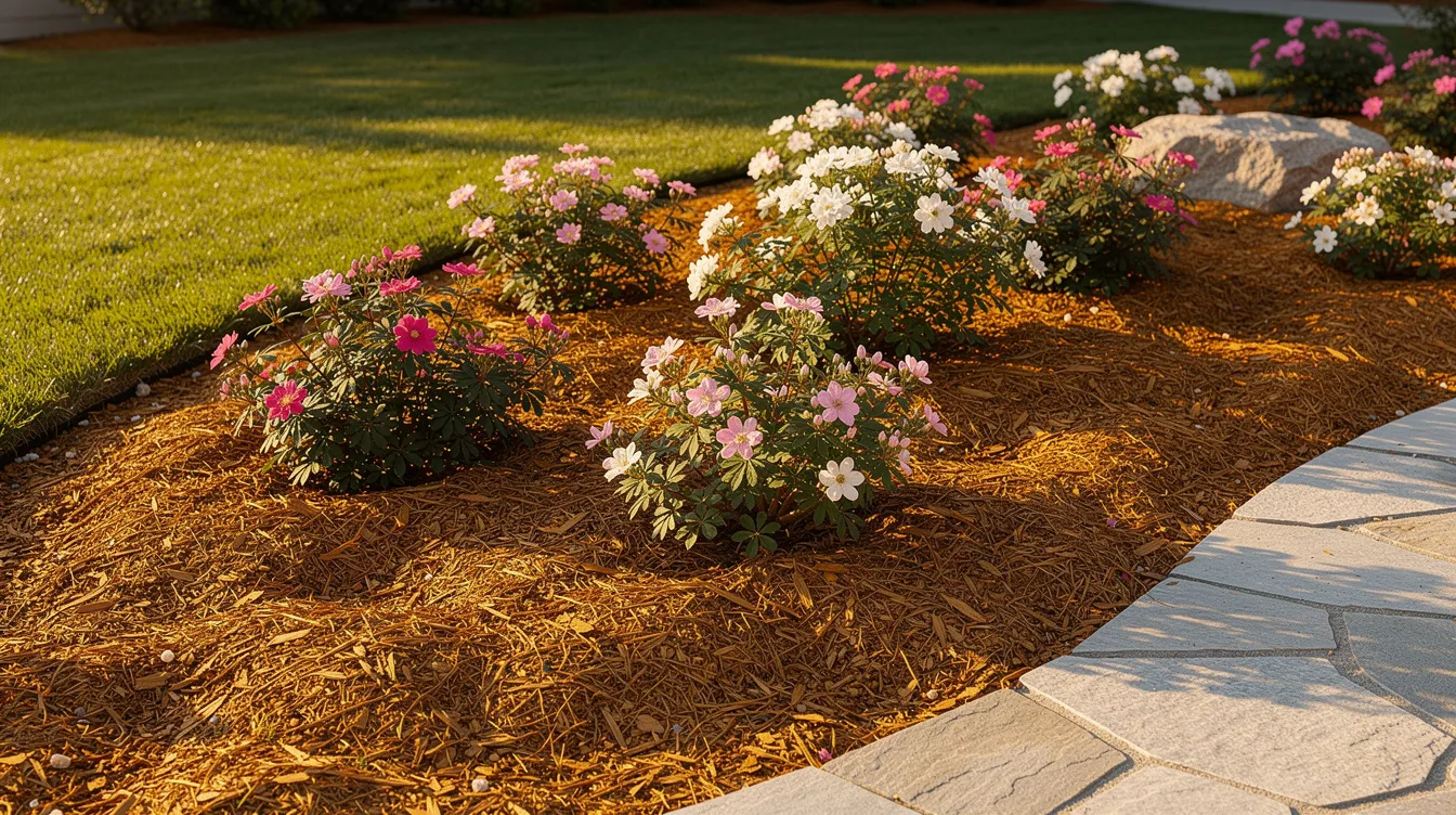 The image features a freshly mulched front yard garden bed adorned with golden cedar mulch, which surrounds vibrant flowering shrubs and a stone walkway. This quality cedar mulch not only enhances the landscape's beauty but also aids in moisture retention and weed suppression, making it an ideal choice for maintaining healthy plants in the garden.