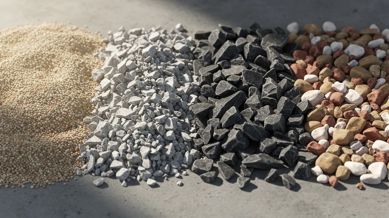 The image shows a close-up view of various types of loose gravel and stone, displayed side by side on a flat surface, highlighting their differences in size, shape, and color. This assortment includes materials ideal for landscaping projects, such as pea gravel, making it easy for homeowners and contractors to pick the right bulk landscape materials for their needs.