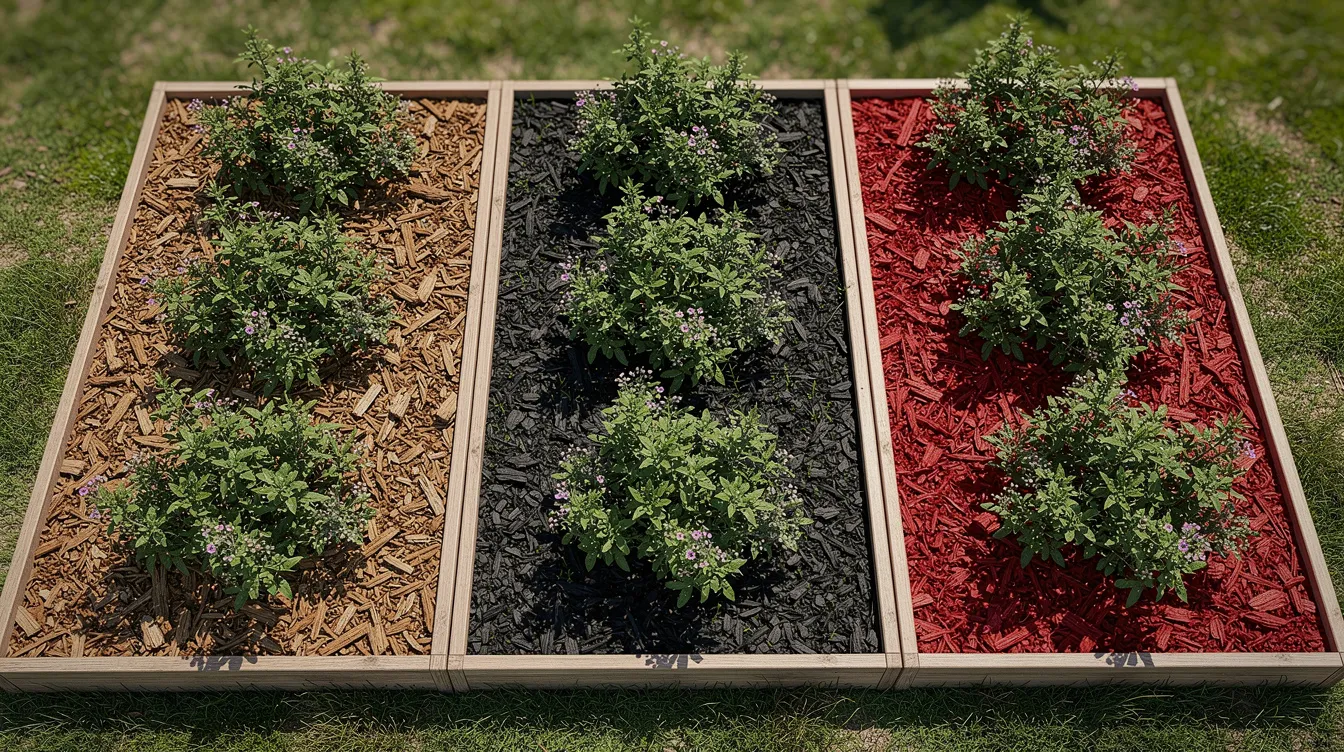 The image features three side-by-side garden beds in an outdoor space, each filled with different types of quality mulch: natural brown, black, and red, surrounding vibrant green shrubs and colorful flowers. This landscape supply showcases how mulch can enhance the aesthetics of a home garden while providing benefits to the soil.