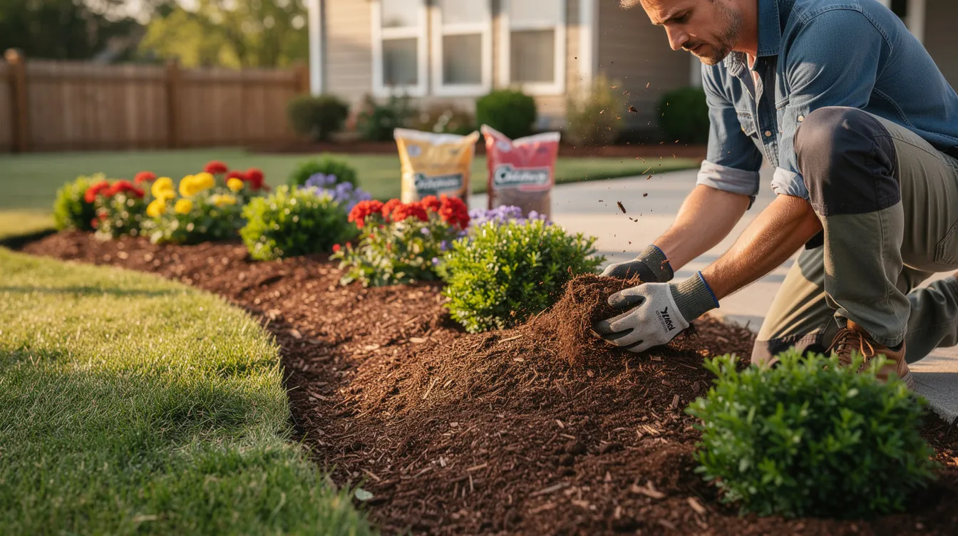 A homeowner is kneeling beside freshly mulched garden beds, surrounded by vibrant green shrubs and colorful flowers, as they spread quality hardwood mulch with gloved hands to enhance the outdoor space. This scene reflects a commitment to creating an ideal landscape using quality mulch and soil for a flourishing garden.