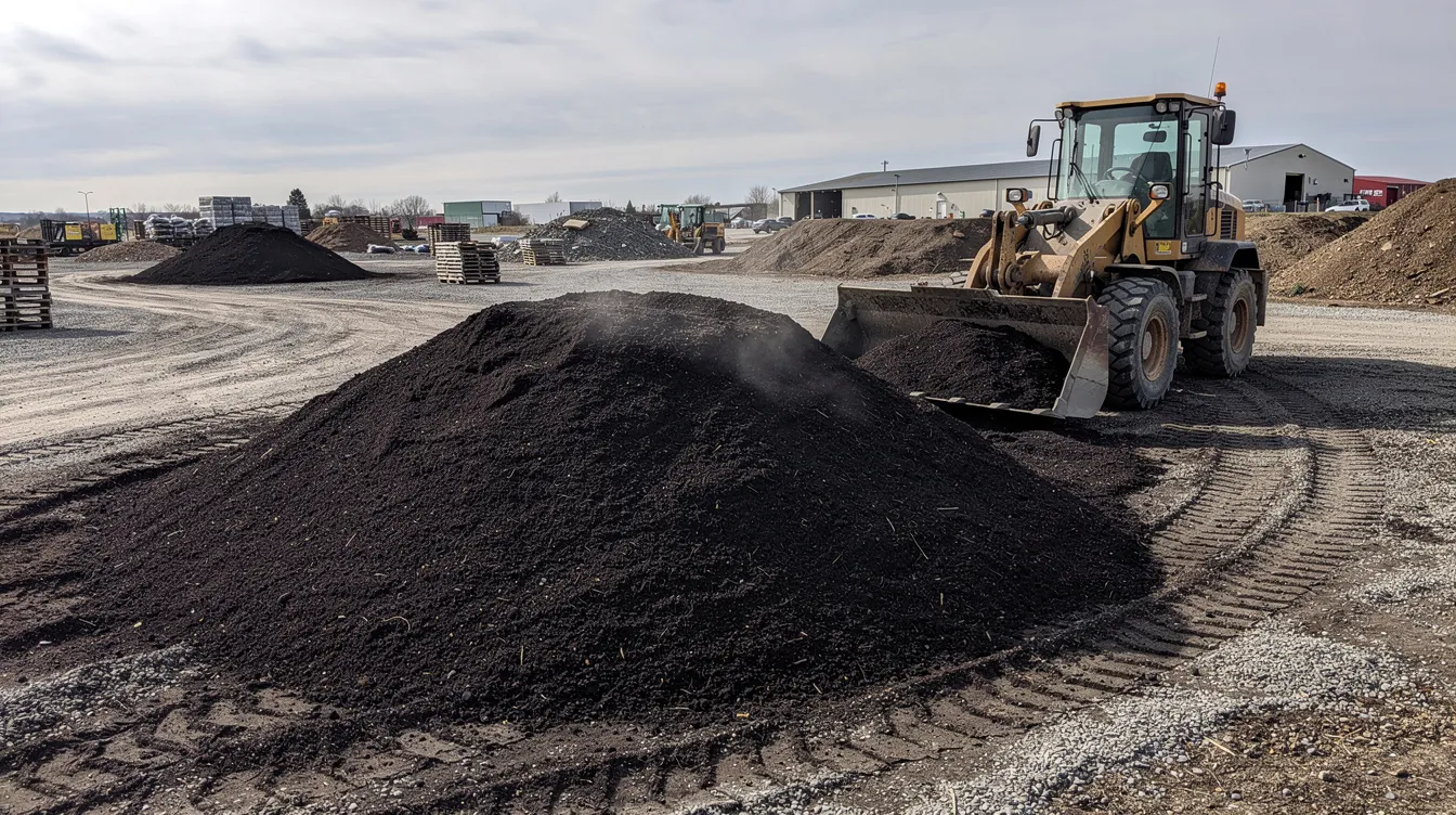 A wide shot captures a dark screened compost pile at a landscape supply yard, with a front-end loader visible in the background. This organic compost is ideal for enhancing garden soil, promoting healthy plant growth, and adding essential nutrients for various gardening needs.