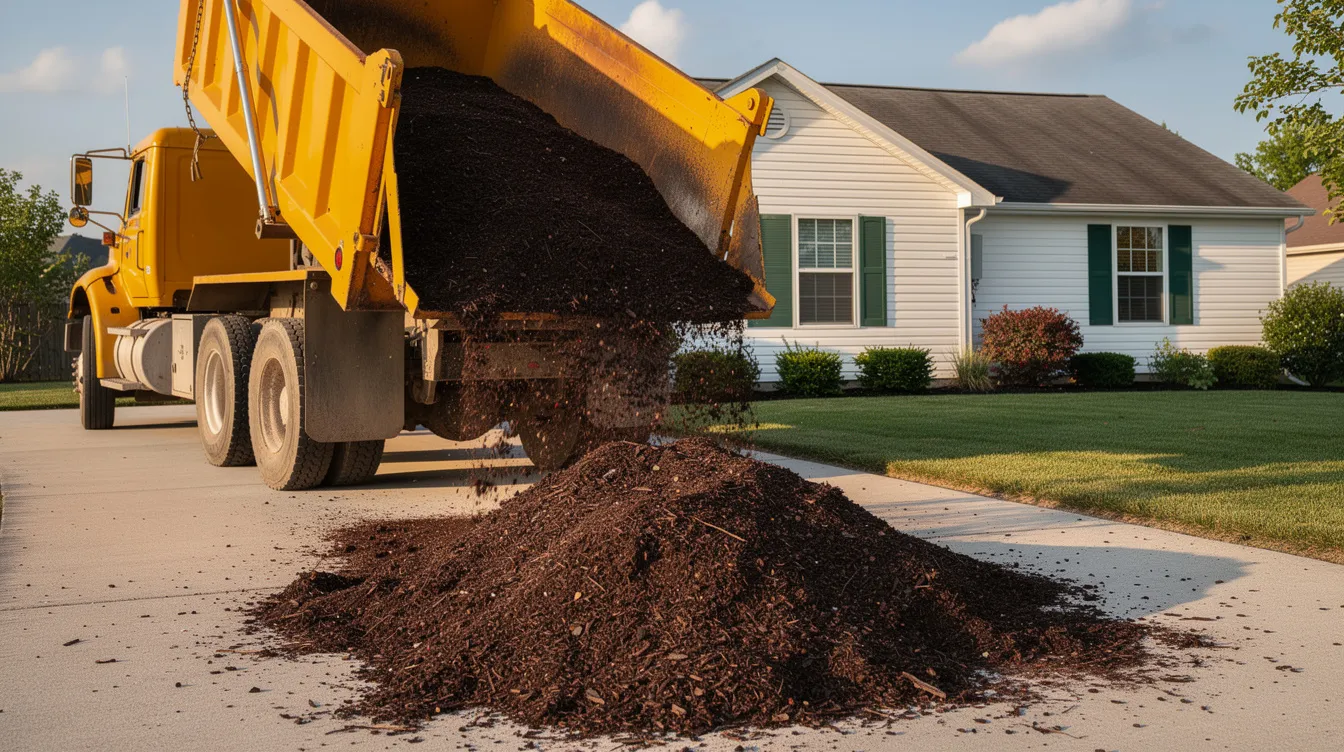 A large dump truck is unloading a mound of fresh, dark brown hardwood mulch onto a clean residential driveway, with sunlight illuminating the scene on a bright morning. This quality mulch will enhance the outdoor space and contribute to a beautiful landscape around the home.
