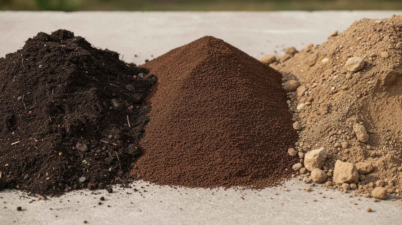The image shows three distinct piles of soil types arranged side by side: a dark garden mix, a medium brown screened topsoil, and a lighter coarse fill dirt. These materials are ideal for landscaping projects, construction sites, and preparing yards for grass or organic material.
