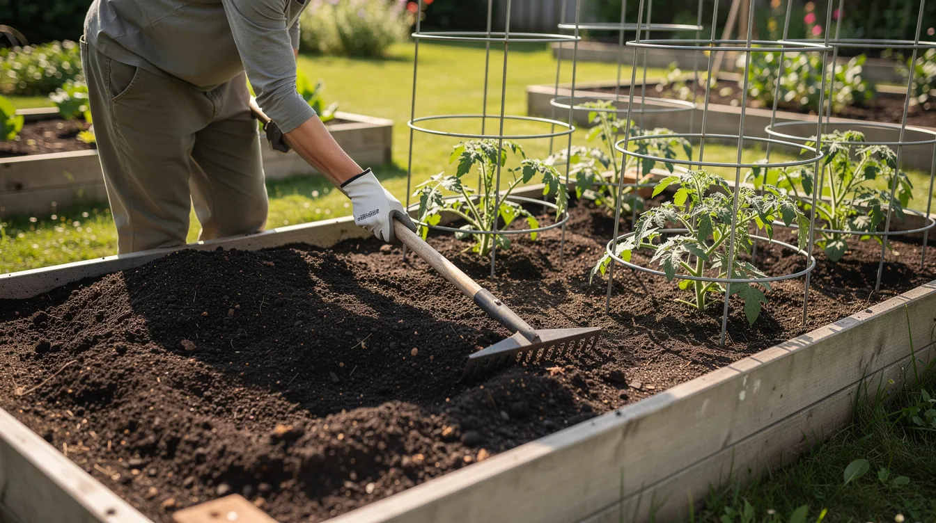 A person is using a rake to spread dark organic compost across a vegetable garden bed, where tomato cages are prominently visible, enhancing the soil structure for healthy plant growth. This compost adds essential nutrients and organic matter, contributing to the overall health of the garden.