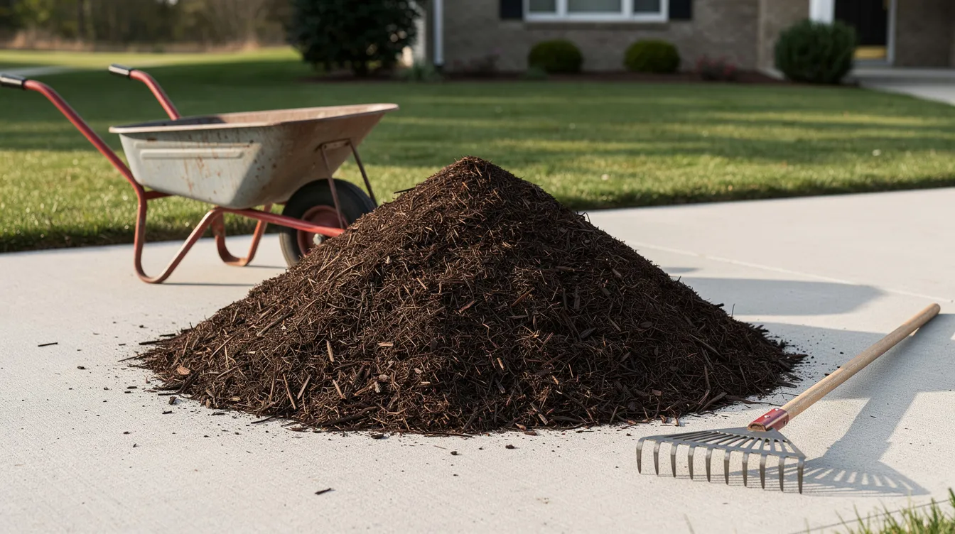 A neatly arranged pile of quality hardwood mulch sits on a clean concrete driveway, accompanied by a wheelbarrow and a garden rake, ready to enhance the outdoor space of a home. This mulch delivery is ideal for creating a beautiful landscape, enriching the soil with compost and topsoil.
