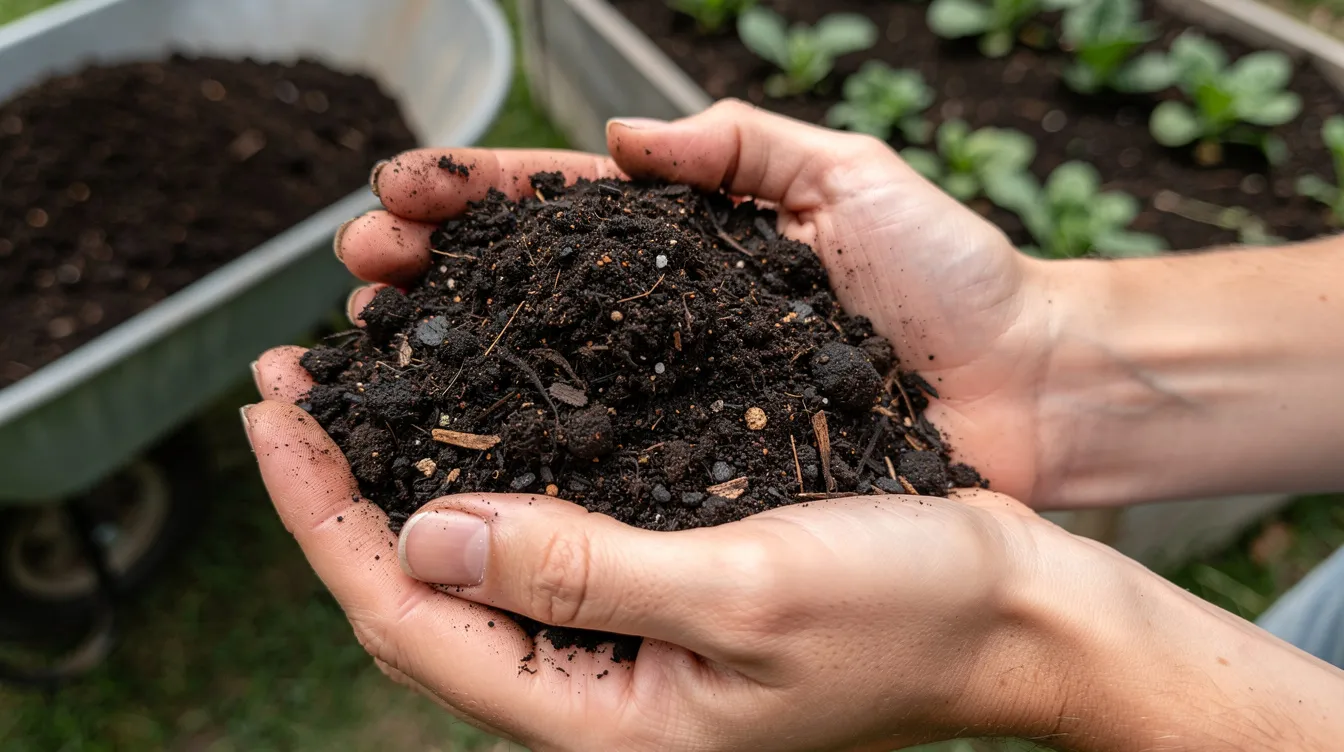 A close-up view of hands holding dark, rich compost, with a wheelbarrow and a garden bed in the background, emphasizing the importance of adding organic matter for healthy plant growth. The image highlights the texture and quality of the compost, ideal for enhancing existing soil and promoting nutrient-rich garden soil.