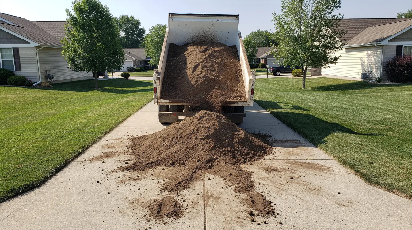 A dump truck is depositing a large pile of brown fill dirt in a residential suburban driveway in Central Indiana, with green lawns visible on both sides. This delivery of fill dirt may be intended for landscaping projects or to prepare the site for construction.